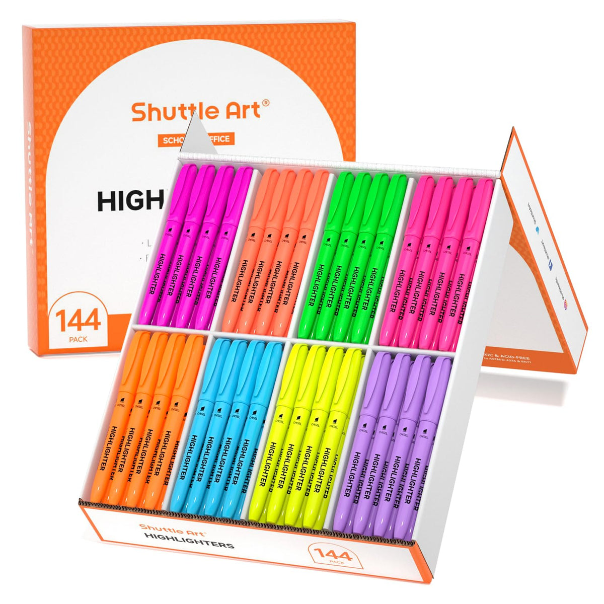 Shuttle Art 144 Pack Highlighters, Highlighters Assorted Colors Set, 8 Bright Colors Chisel Tip