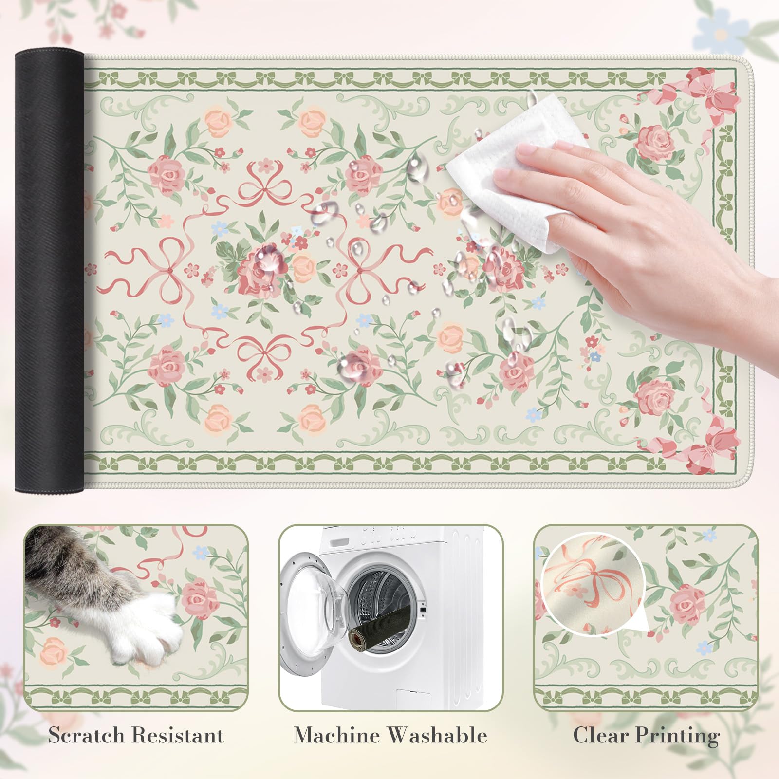 HAOCOO Cute Green Bow Desktop Mat, 35.4" x 15.7" Keyboard Pad for Office