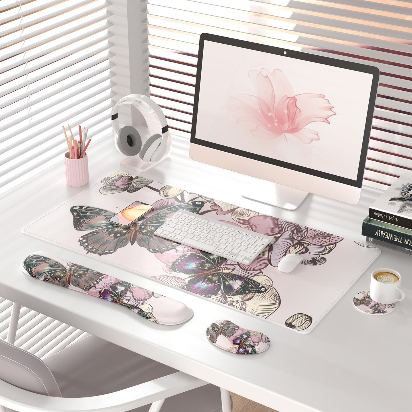 QiyI PU Leather Desk Mat Set, 4-in-1 Ergonomic Wrist Rest, Butterflies