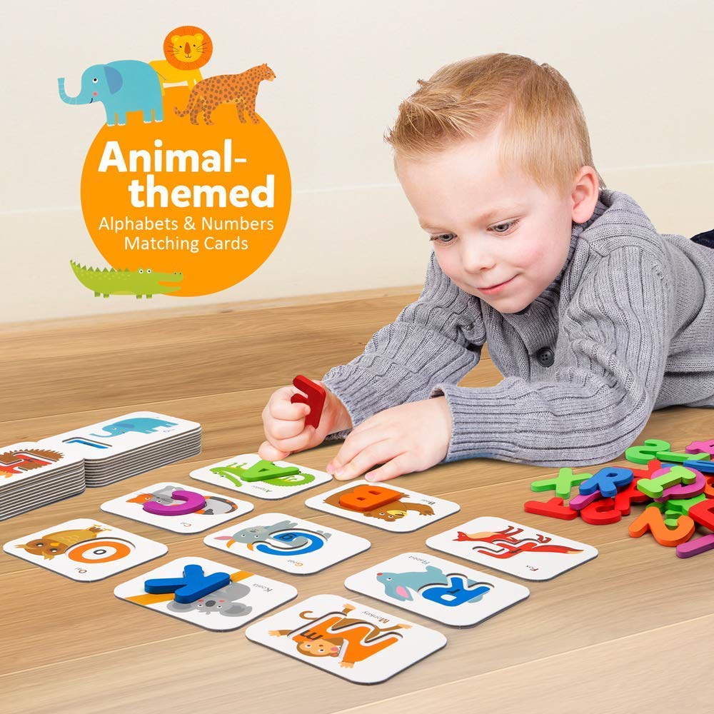 Coogam Numbers and Alphabets Flash Cards Set - ABC Wooden Letters and Numbers Animal Pattern Board