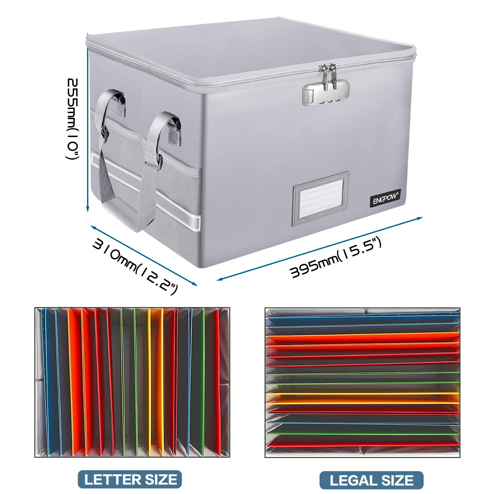 ENGPOW File Box with Lock, Fireproof Document Box with Pockets, Collapsible File Organizer Filing