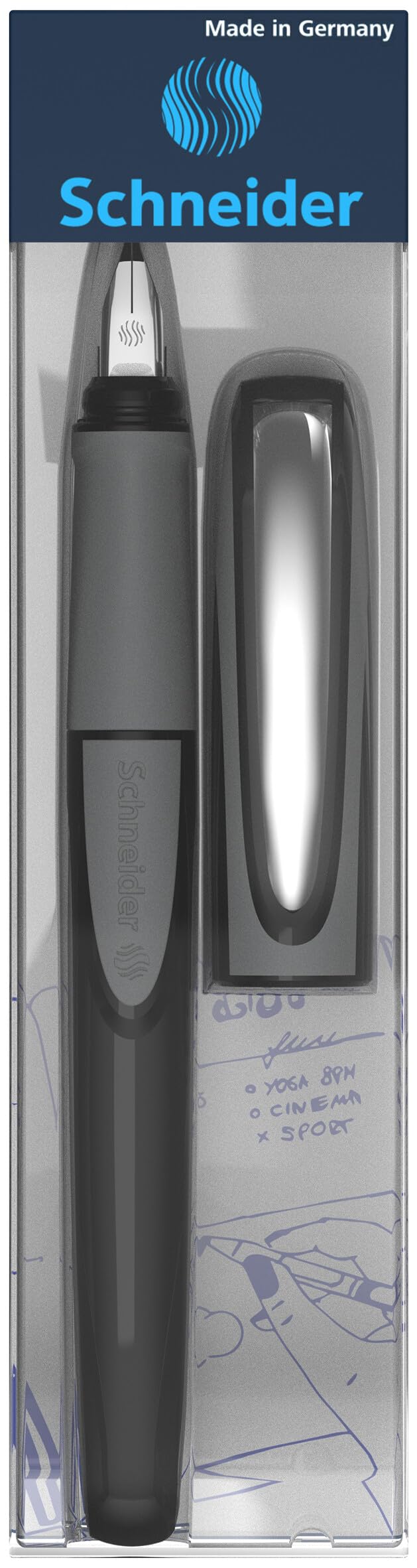 Schneider Ray Fountain Pen M (Medium), Refillable, Onyx Barrel, Royal Blue Erasable Ink Cartridge
