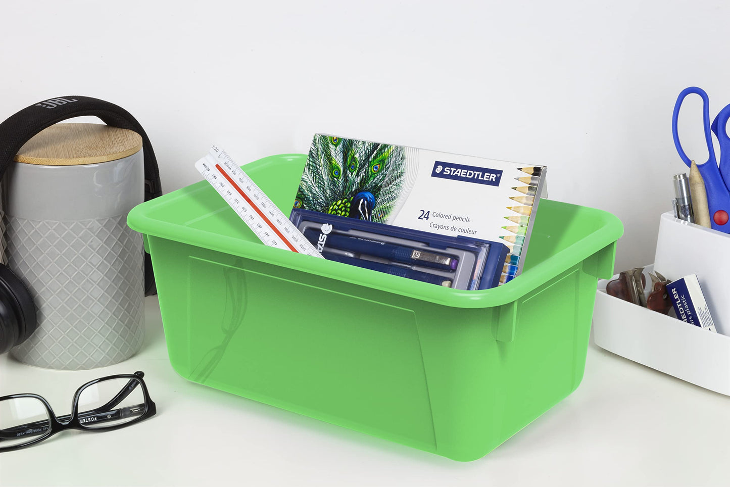 Storex Small Cubby Bins – Plastic Storage Containers for Classroom with Non-Snap Lid, 12.2 x 7.8 x