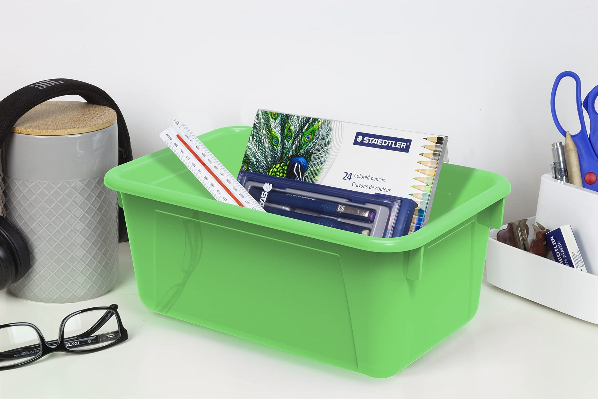 Storex Small Cubby Bins – Plastic Storage Containers for Classroom with Non-Snap Lid, 12.2 x 7.8 x