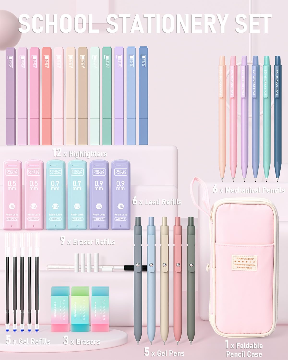 Four Candies School Supplies with Cute Pencil Case, 39ct, Pink