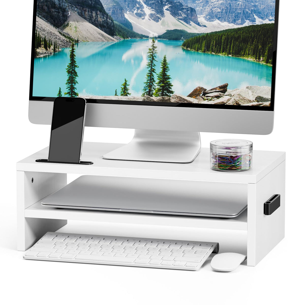 Marbrasse Wood Monitor Stand Riser,Desk Computer Printer Shelf Stand，White