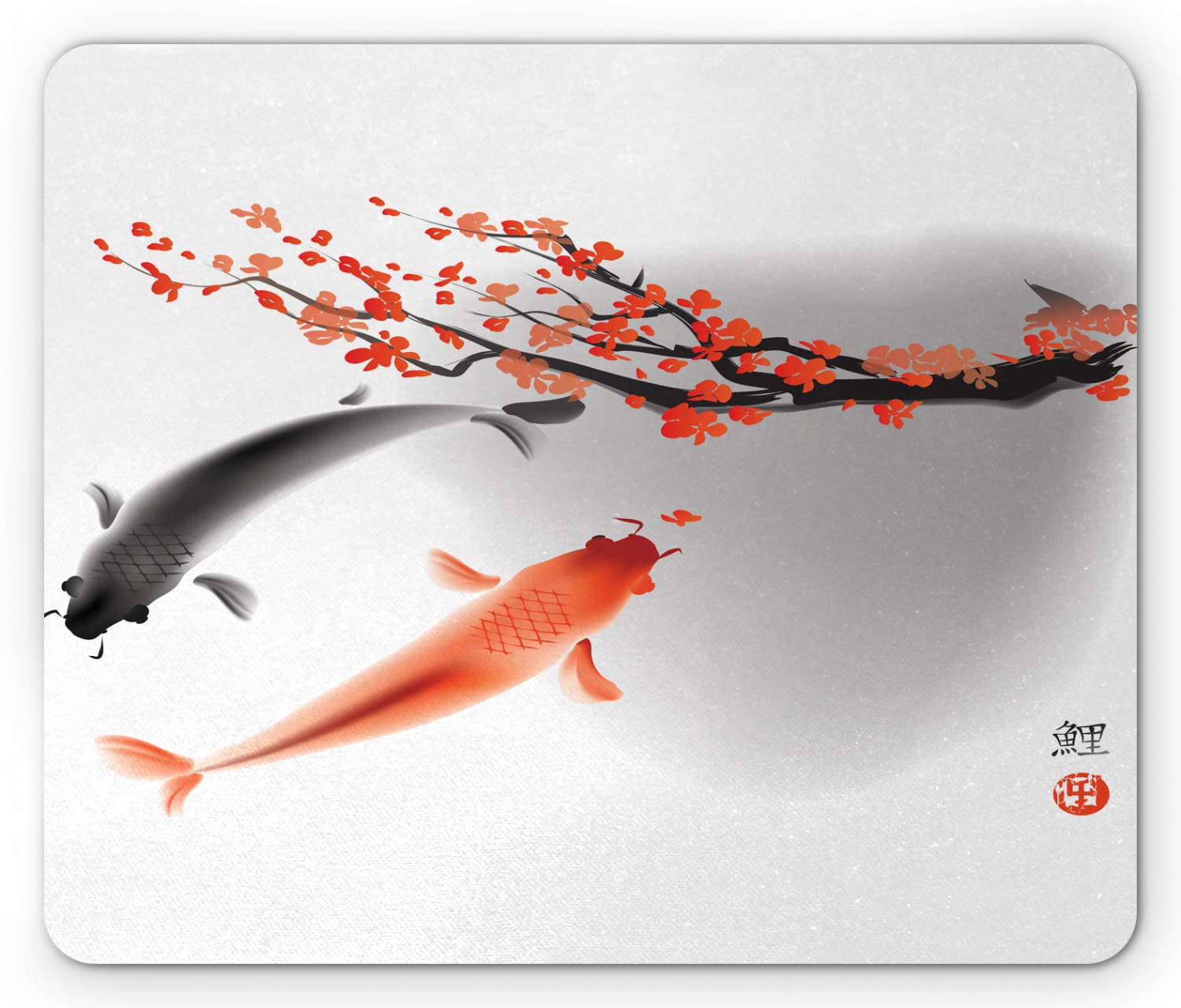 Ambesonne Japanese Mouse Pad, Koi Carp Fish Couple Swimming Cherry Blossom Sakura Branch Culture