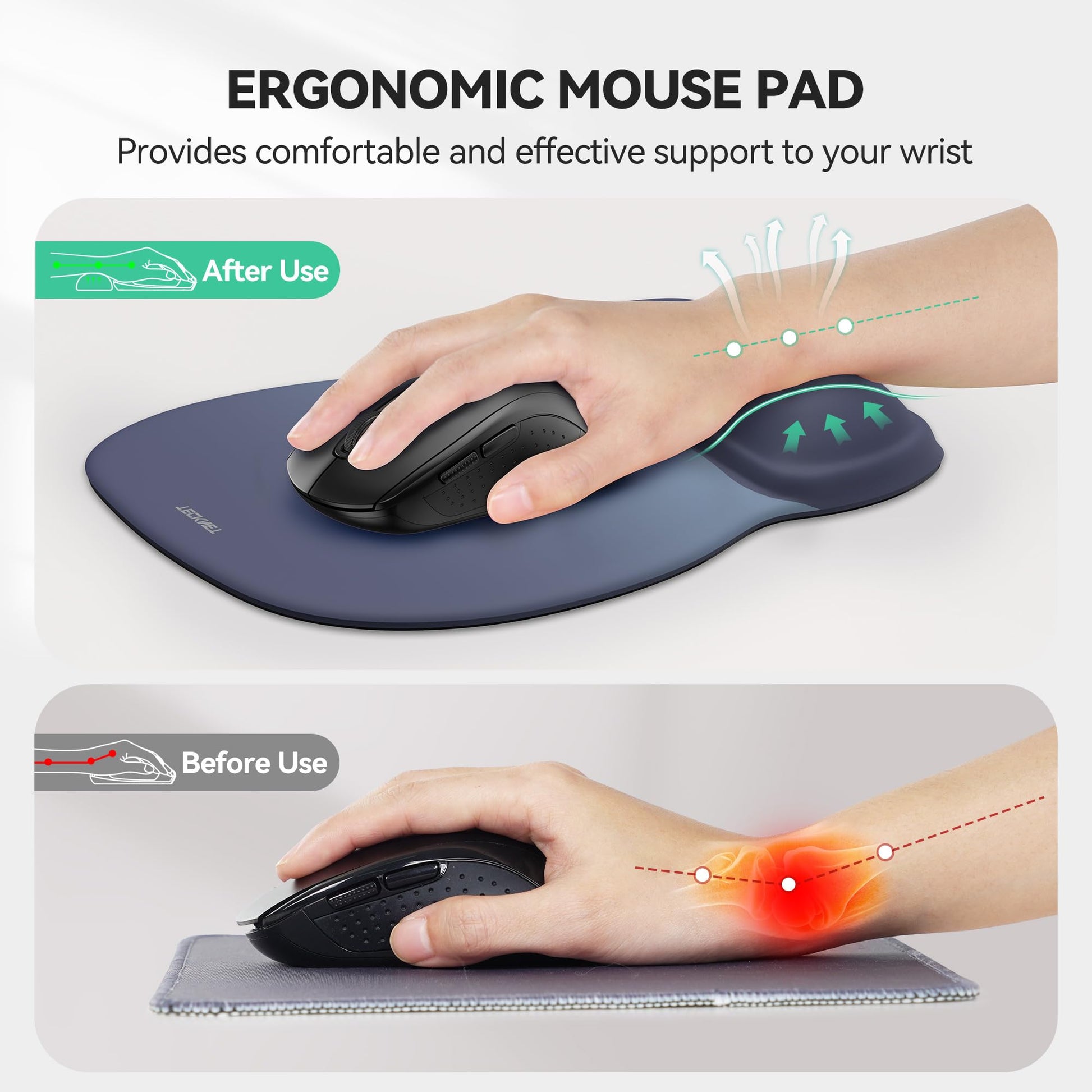 TECKNET 2 Pack Gel Ergonomic Mouse Pad with Wrist Rest, Non-Slip PU Base
