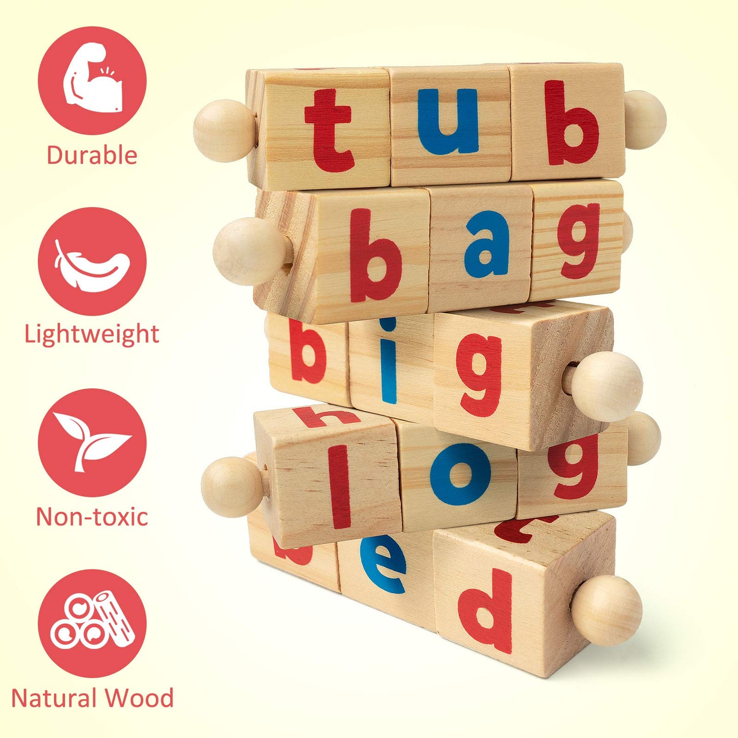 Coogam Wooden Reading Blocks Short Vowel Rods Spelling Games, Flash Cards Turning Rotating Letter
