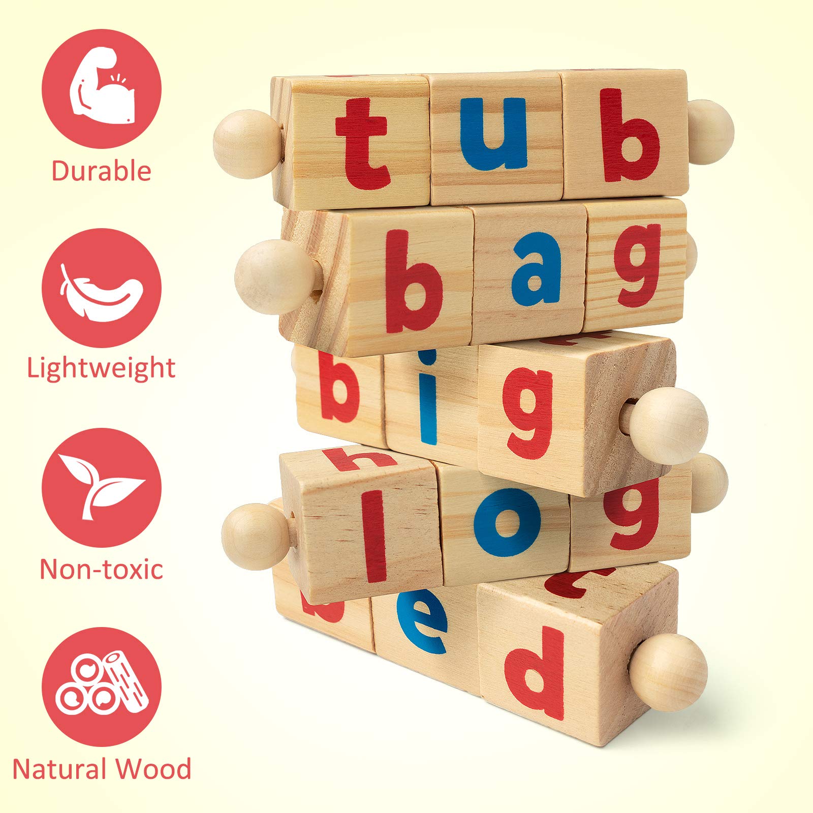 Coogam Wooden Reading Blocks Short Vowel Rods Spelling Games, Flash Cards Turning Rotating Letter