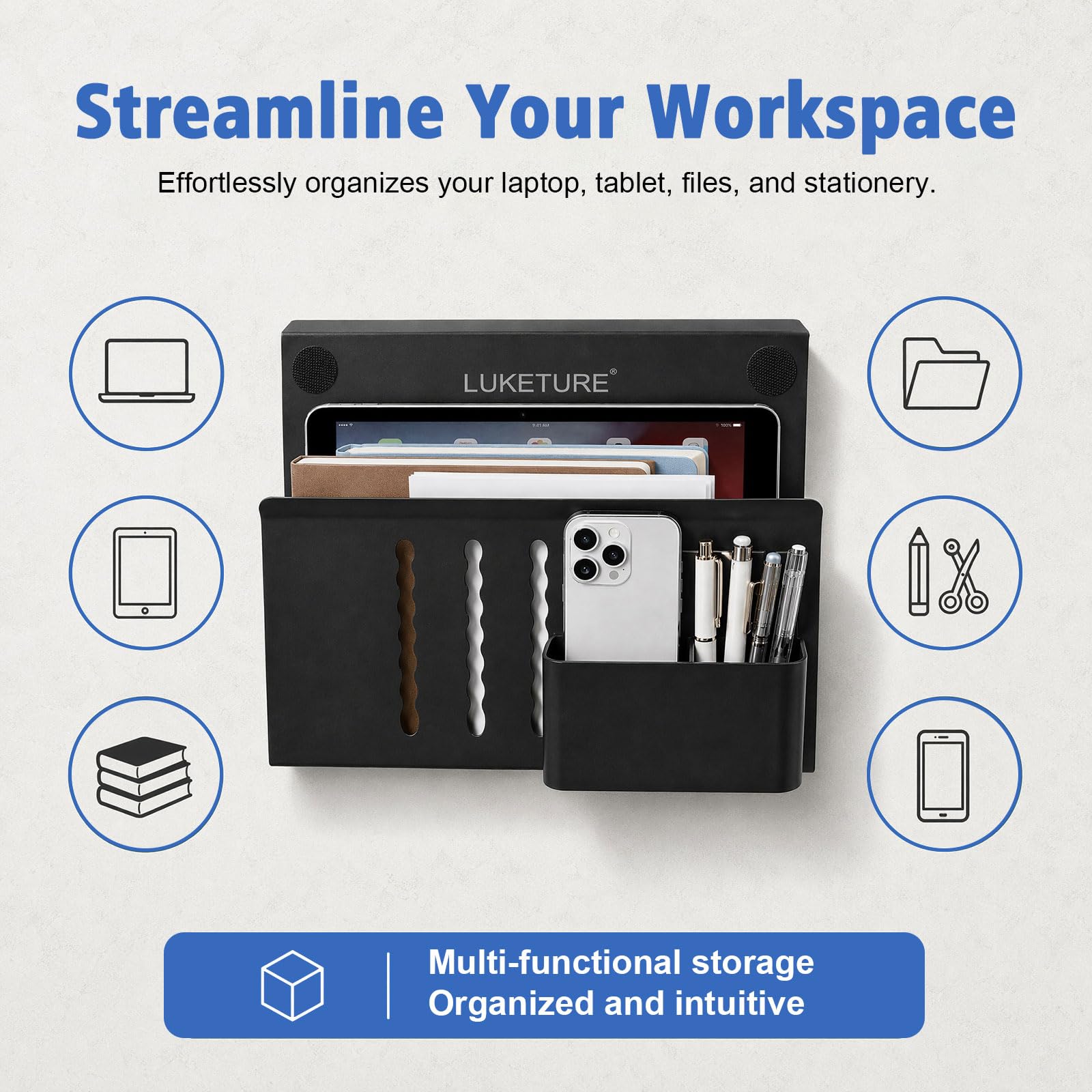 LUKETURE Desk Side Storage Laptop Holder No Drill Clamp On Organizer