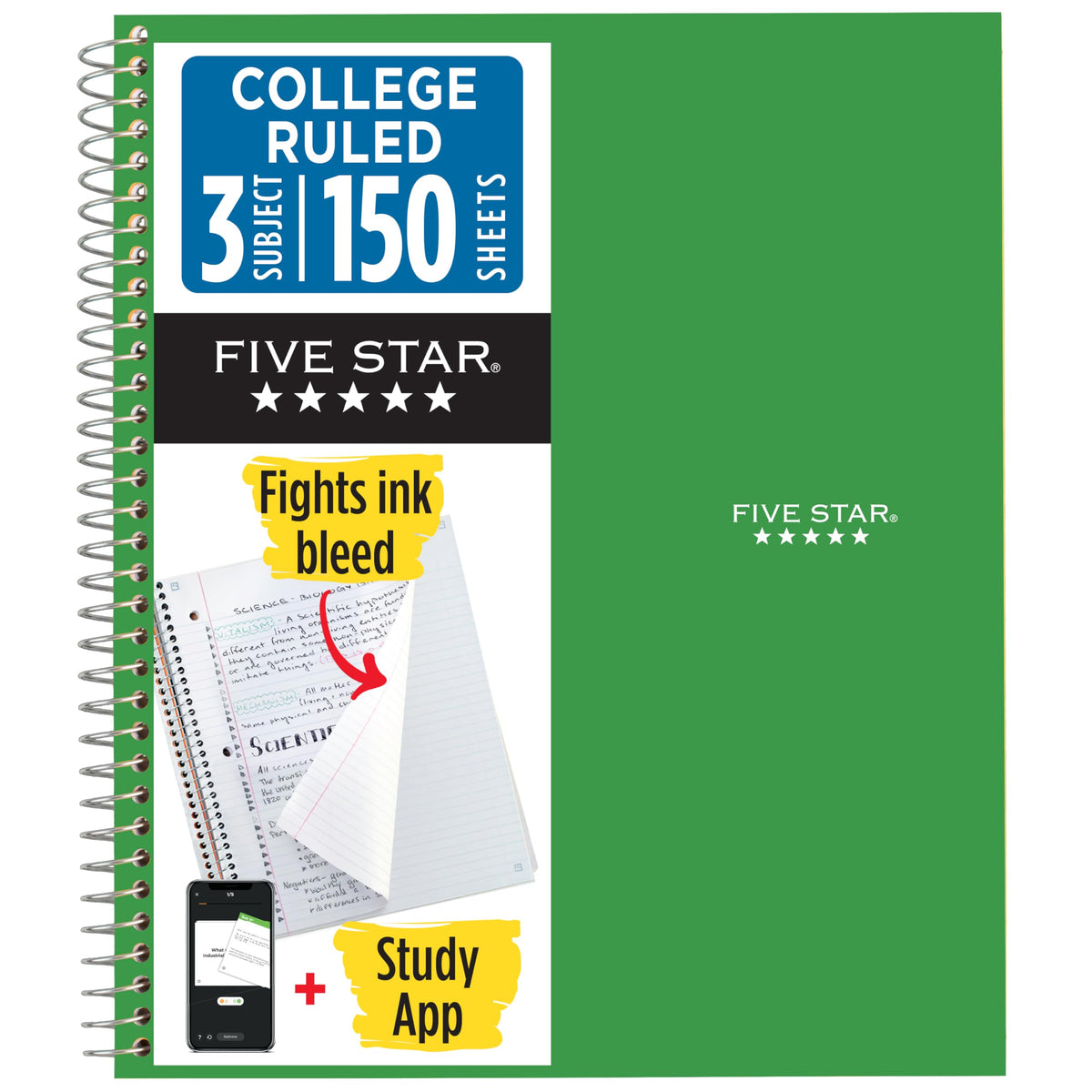 Five Star Spiral Notebook + Study App, 3 Subject, College Ruled Paper, Fights Ink Bleed, Water