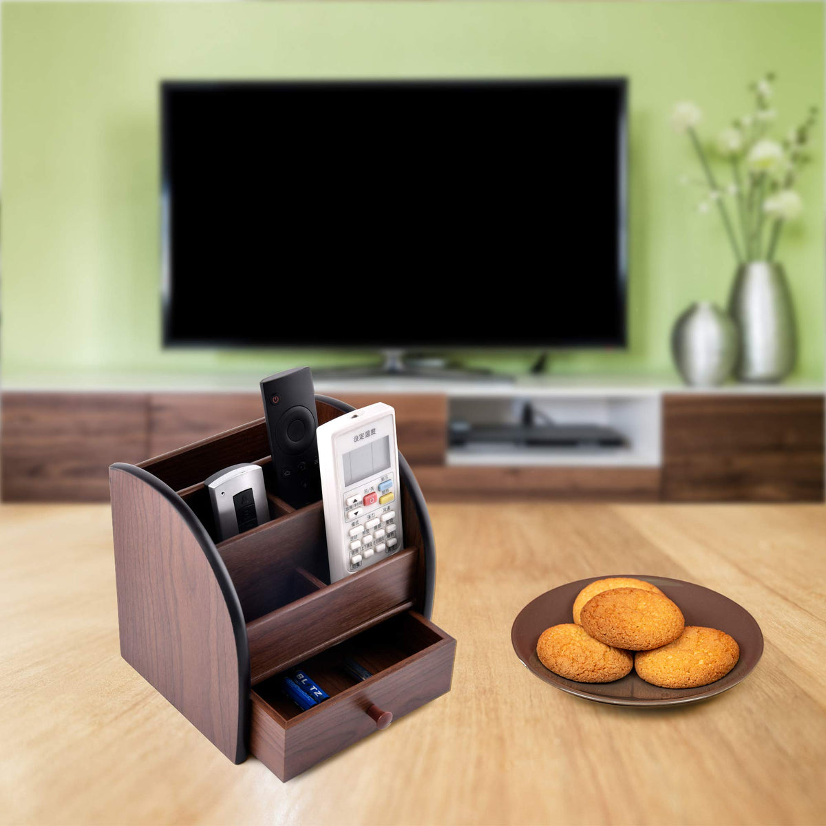 Siveit Wooden Desktop Organizer with Drawer, Multifunctional Office Supply Storage - Remote Control
