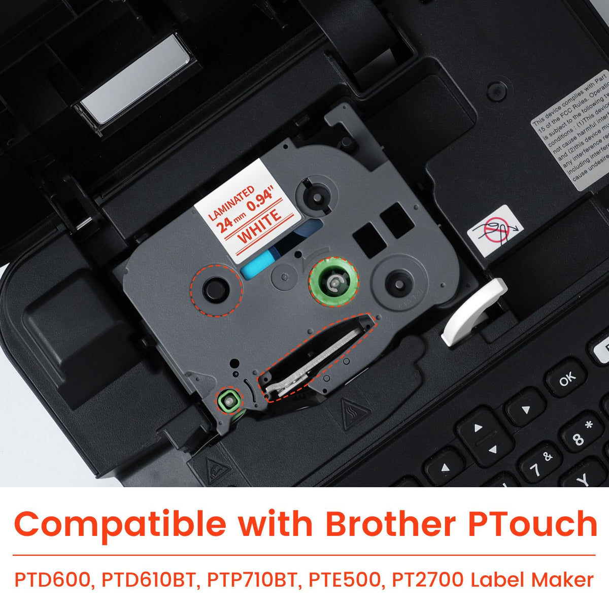 24mm 1 inch Red on White Label Tape Compatible with Brother P-Touch TZe-252