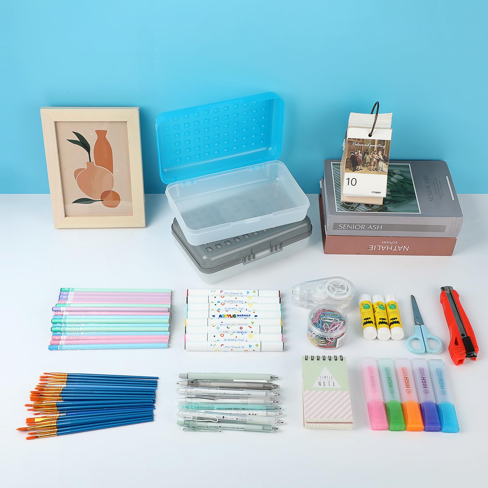 BTSKY 6 Pack Multipurpose Utility Box- Large Capacity Pencil Box with Lid Snap Closure Pencil