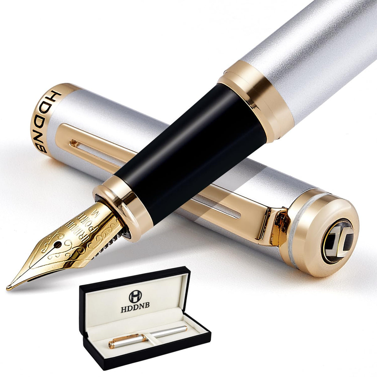 HDDNB Silver Luxury Fountain Pen Set for Men and Women with Gift Box, 24K Gold Finish and Gilded