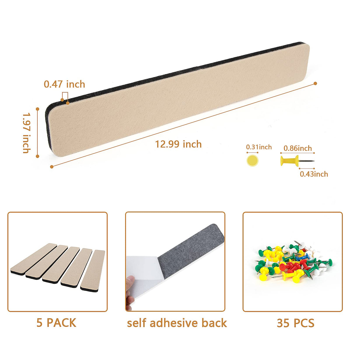 5 Pack Felt Pin Board Bar Strips Bulletin Board for Bedrooms Offices Home Wall Decoration, Notice