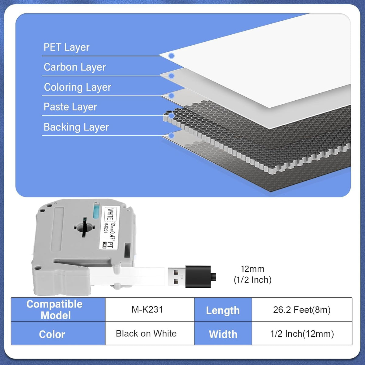 10 Pack M-K231 M Tape 12mm Compatible with M-K231s Brother Label Tape Black on White 0.47 Inch for