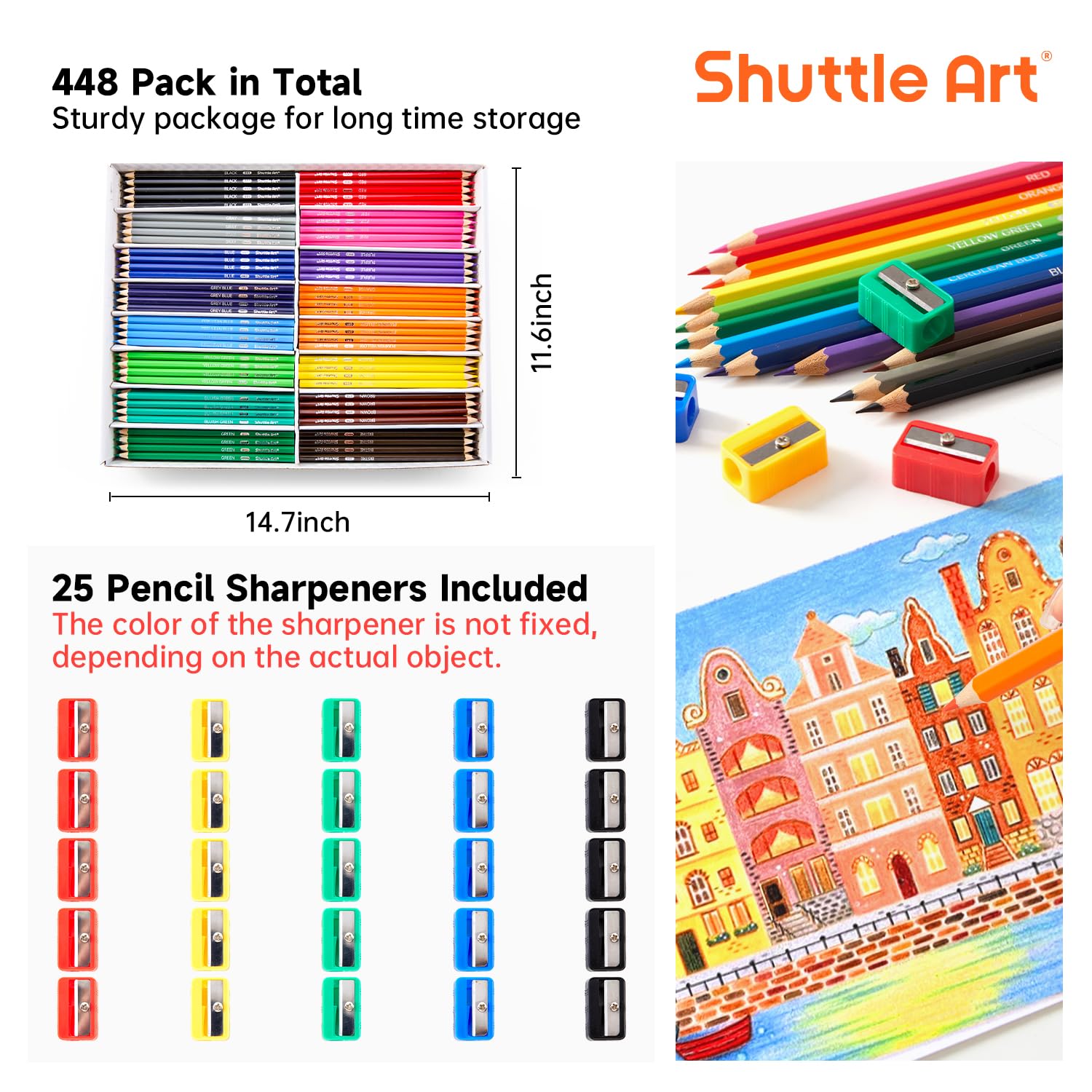 Shuttle Art 448 PCS Colored Pencils Bulk, 16 Colors, Pre-sharpened for Kids