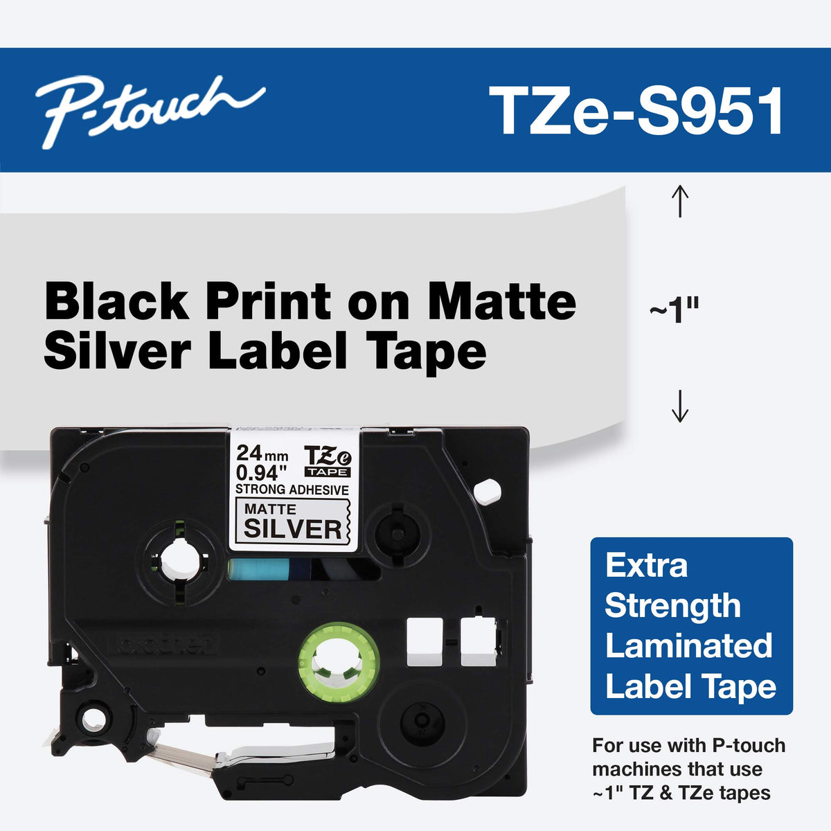 Brother Genuine P-Touch TZE-S951 Tape, 1" (0.94") Wide Extra-Strength Adhesive Laminated Tape,Black
