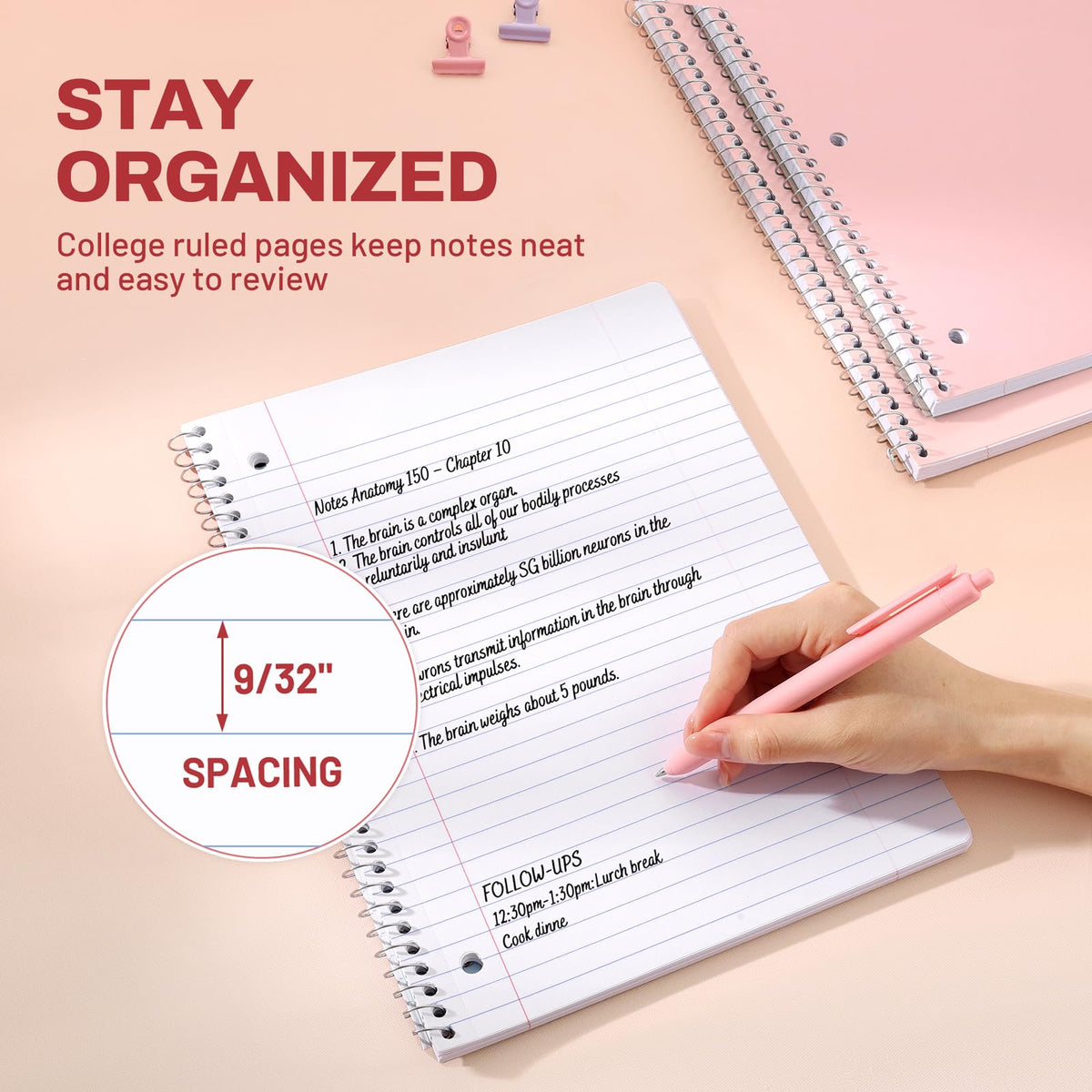 SUNEE Spiral Notebooks, 3 Pack, 1-Subject, College Ruled Paper, 8" x 10-1/2", 70 Sheets per