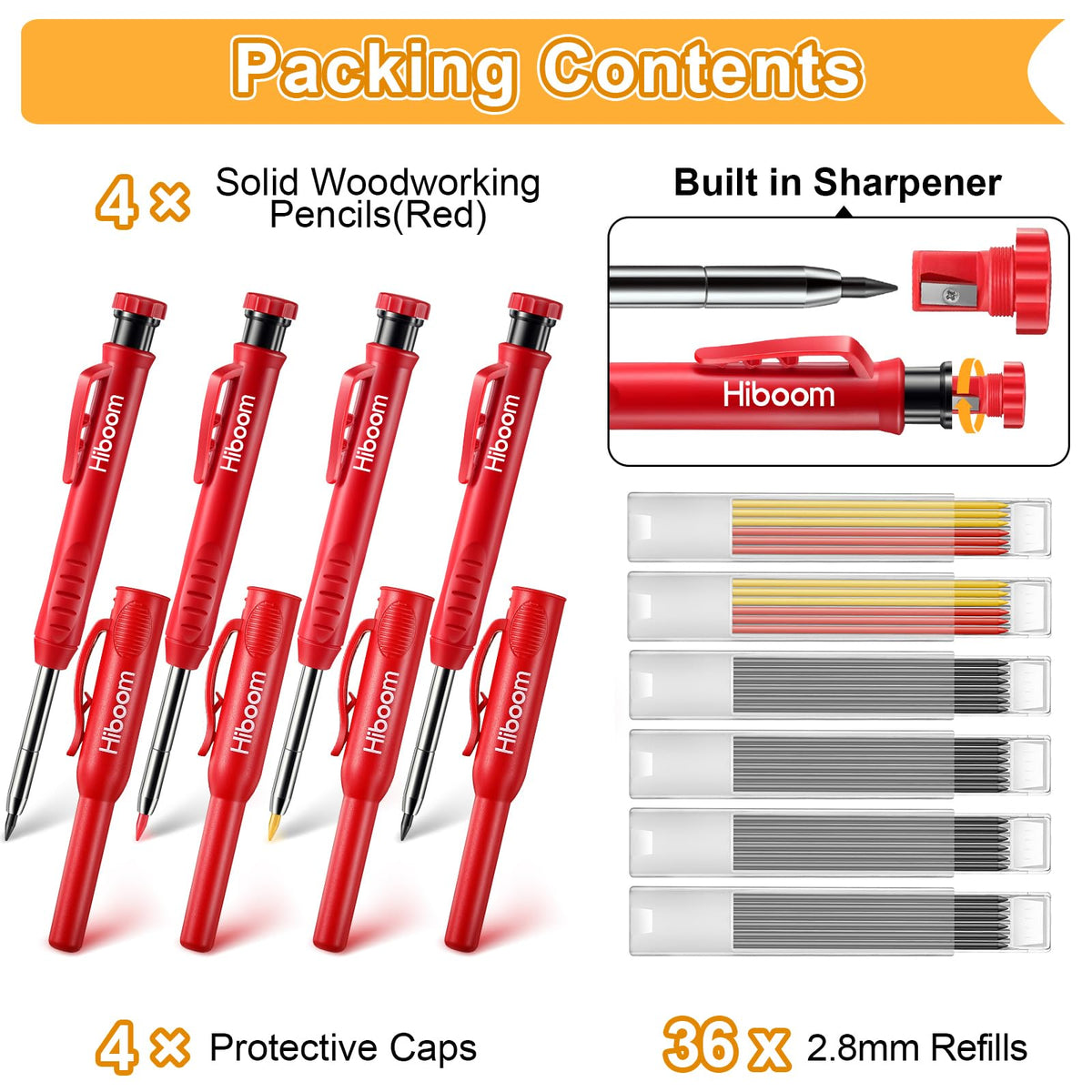 Hiboom 4 Pack Carpenter Pencil with 36 Refills Built In Sharpener (Red)