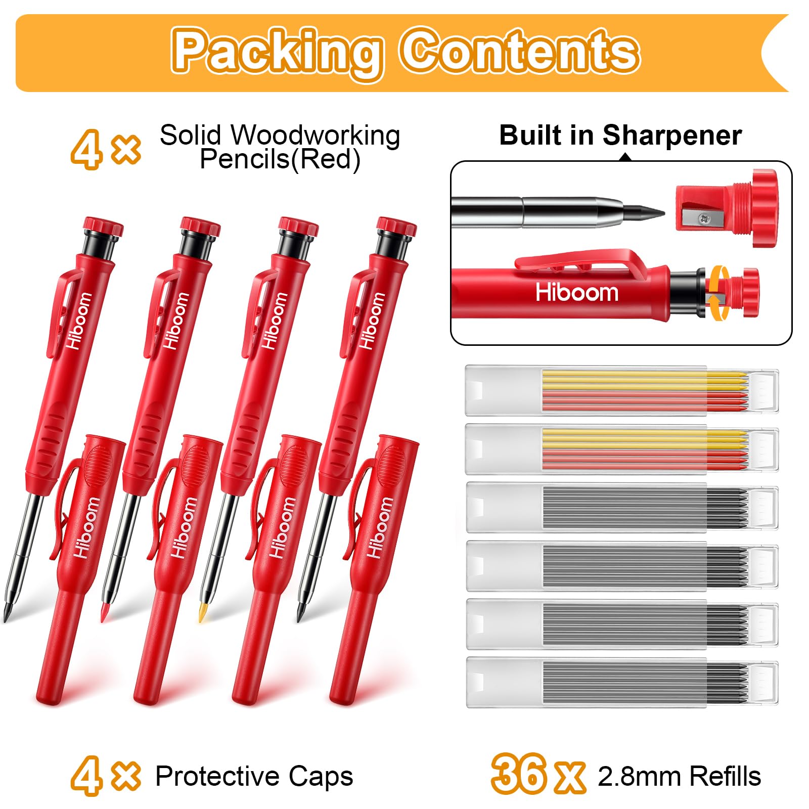 Hiboom 4 Pack Carpenter Pencil with 36 Refills Built In Sharpener (Red)