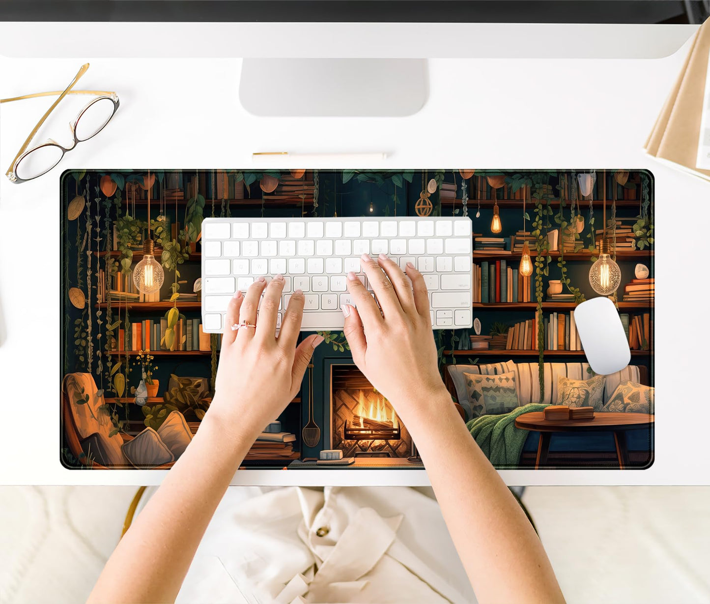 Large Mouse Pad Cozy Library, Extended Full Desk Mouse Mat Gaming Desktop Pad, Computer Keyboard