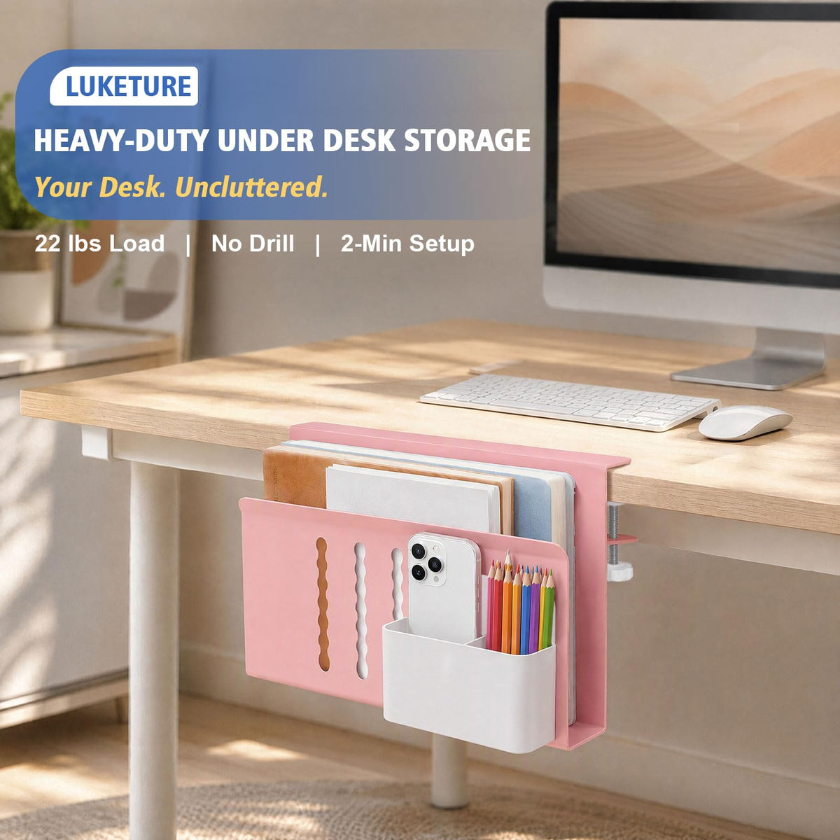 LUKETURE Desk Side Storage Laptop Holder No Drill Clamp On Organizer