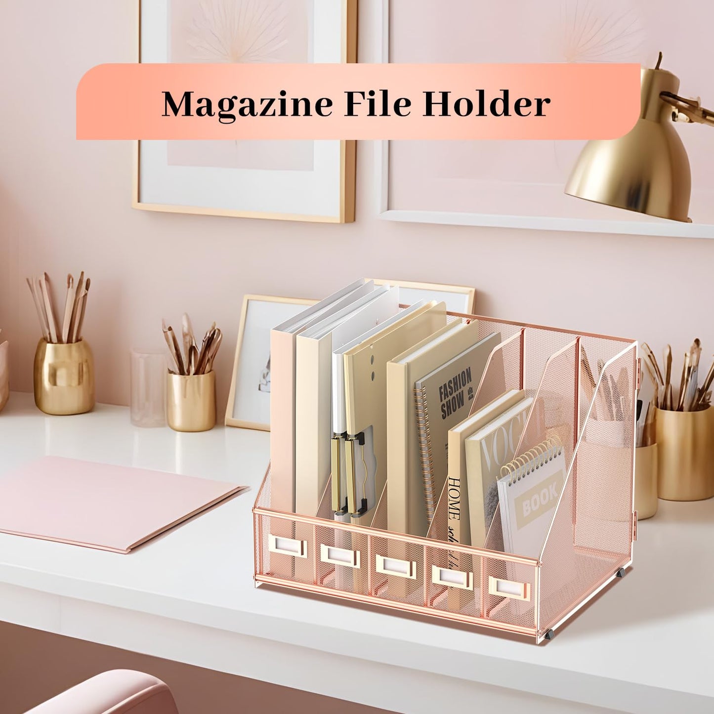 SUPEASY Desk Organizers Metal Desk Magazine File Holder with 5 Vertical Compartments Rack File