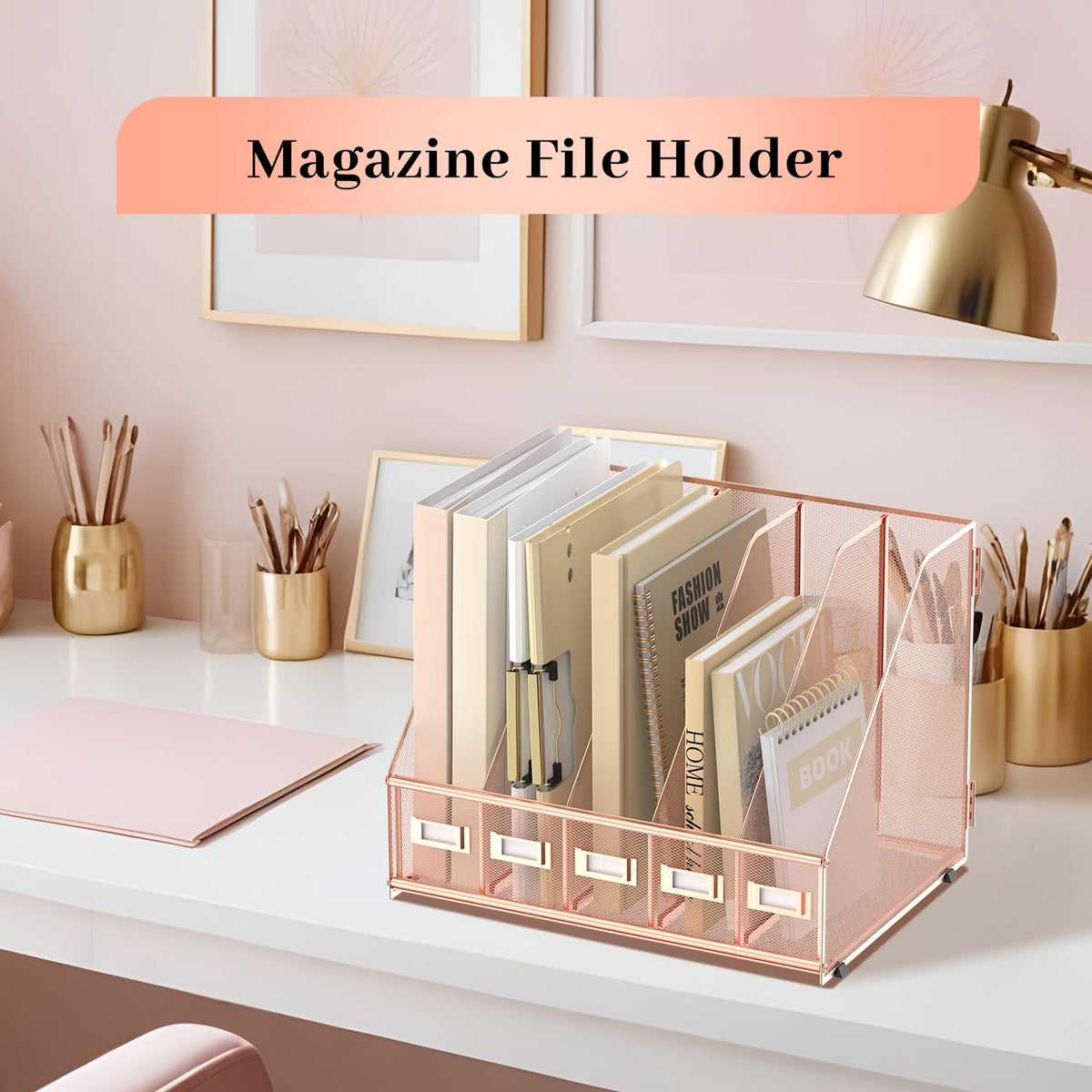 SUPEASY Desk Organizers Metal Desk Magazine File Holder with 5 Vertical Compartments Rack File
