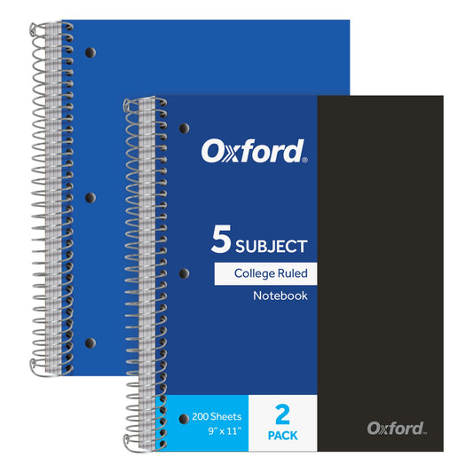 Oxford Spiral Notebooks, 5 Subject, College Ruled Paper, Durable Plastic Cover, 200 Sheets, 5