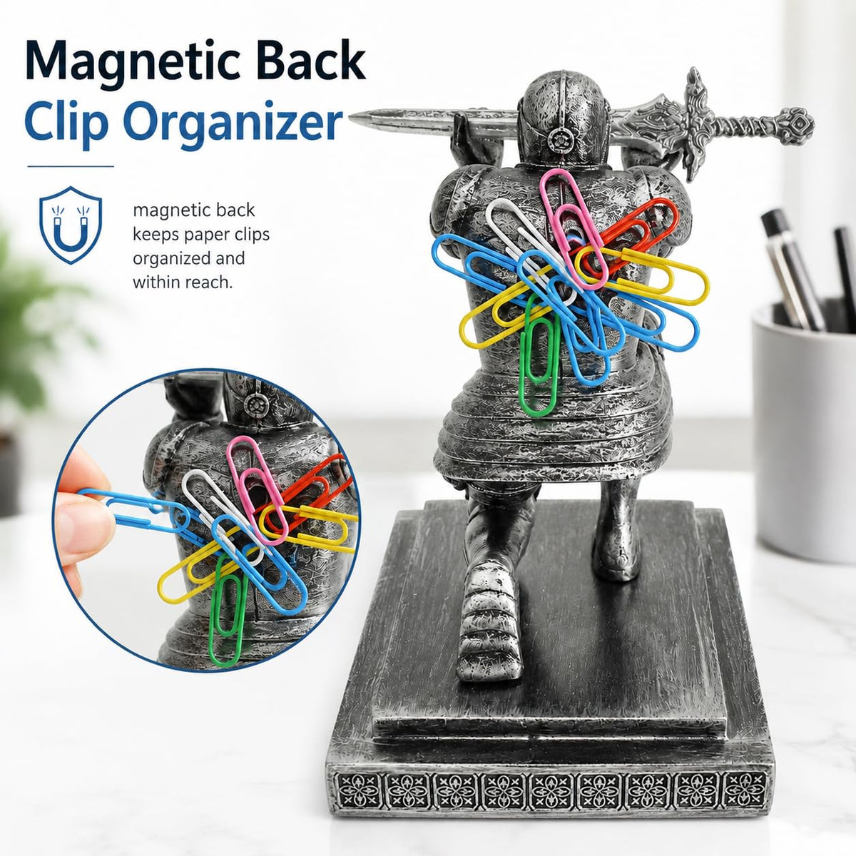 Miyolo Knight Pen Holder with a Sword & Pen Kneeling Medieval Soldier Pencil Stand Desk Organizers