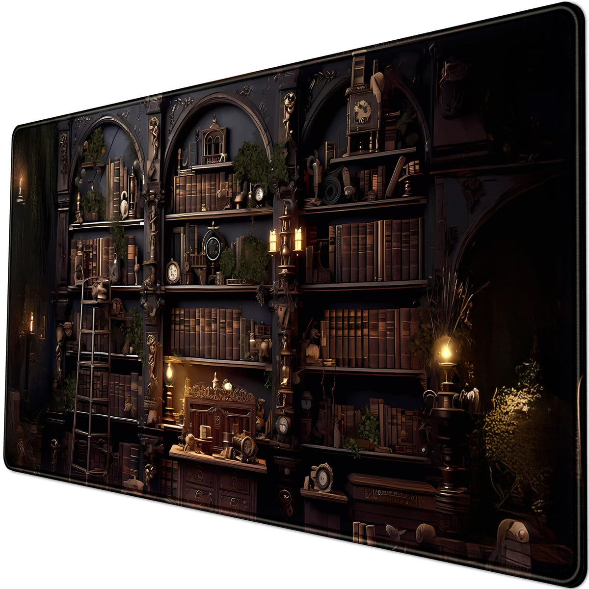 Black Vintage Gothic Desk Mat Black Dark Academia Desk Pad Medieval Bookshelf Large Flower Mouse