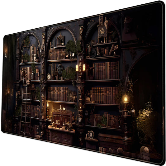 Black Vintage Gothic Desk Mat Black Dark Academia Desk Pad Medieval Bookshelf Large Flower Mouse