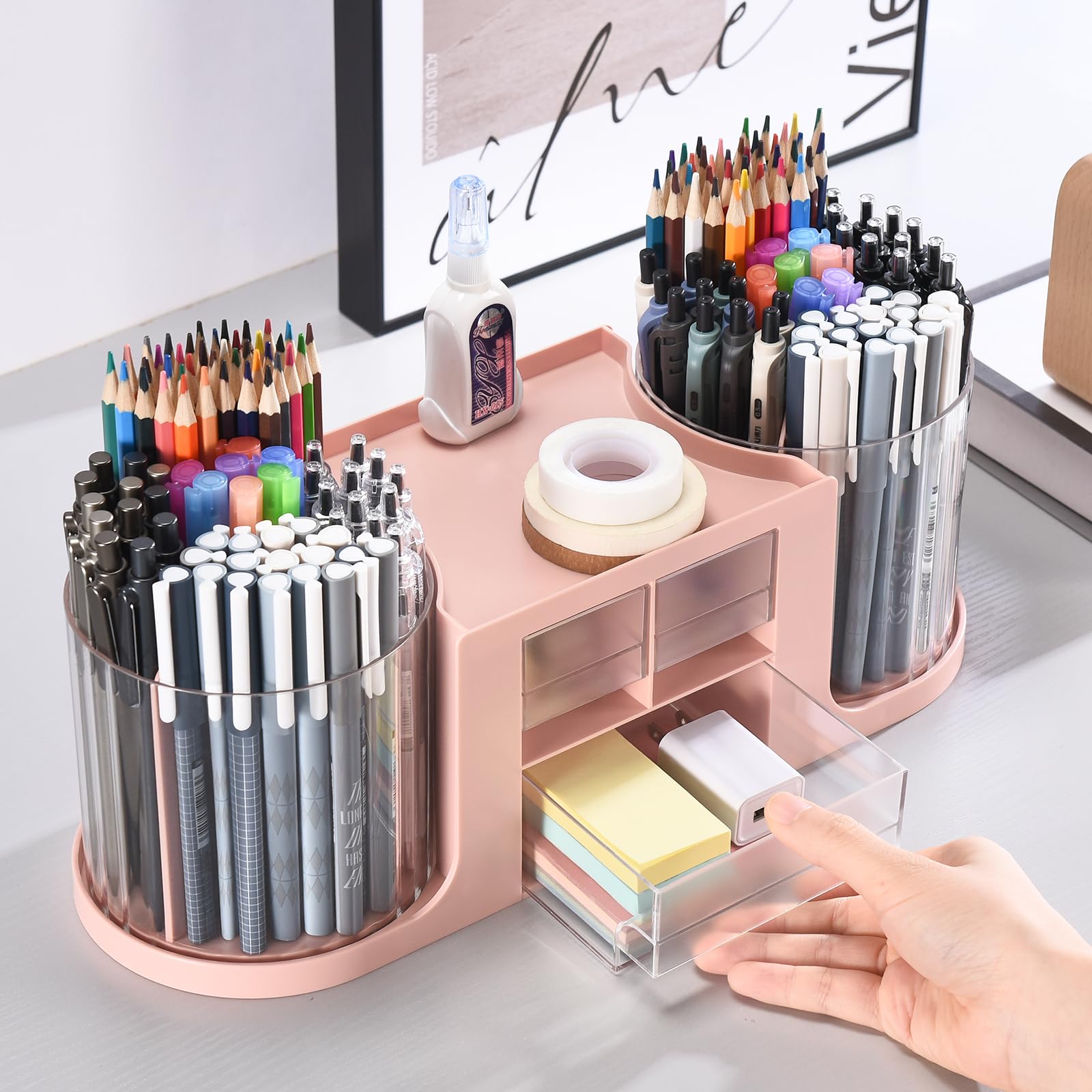 KLIONGO Rotating Desk Organizer with 2 Pen Holder, Desk Organizers and Accessories with 10 Slots