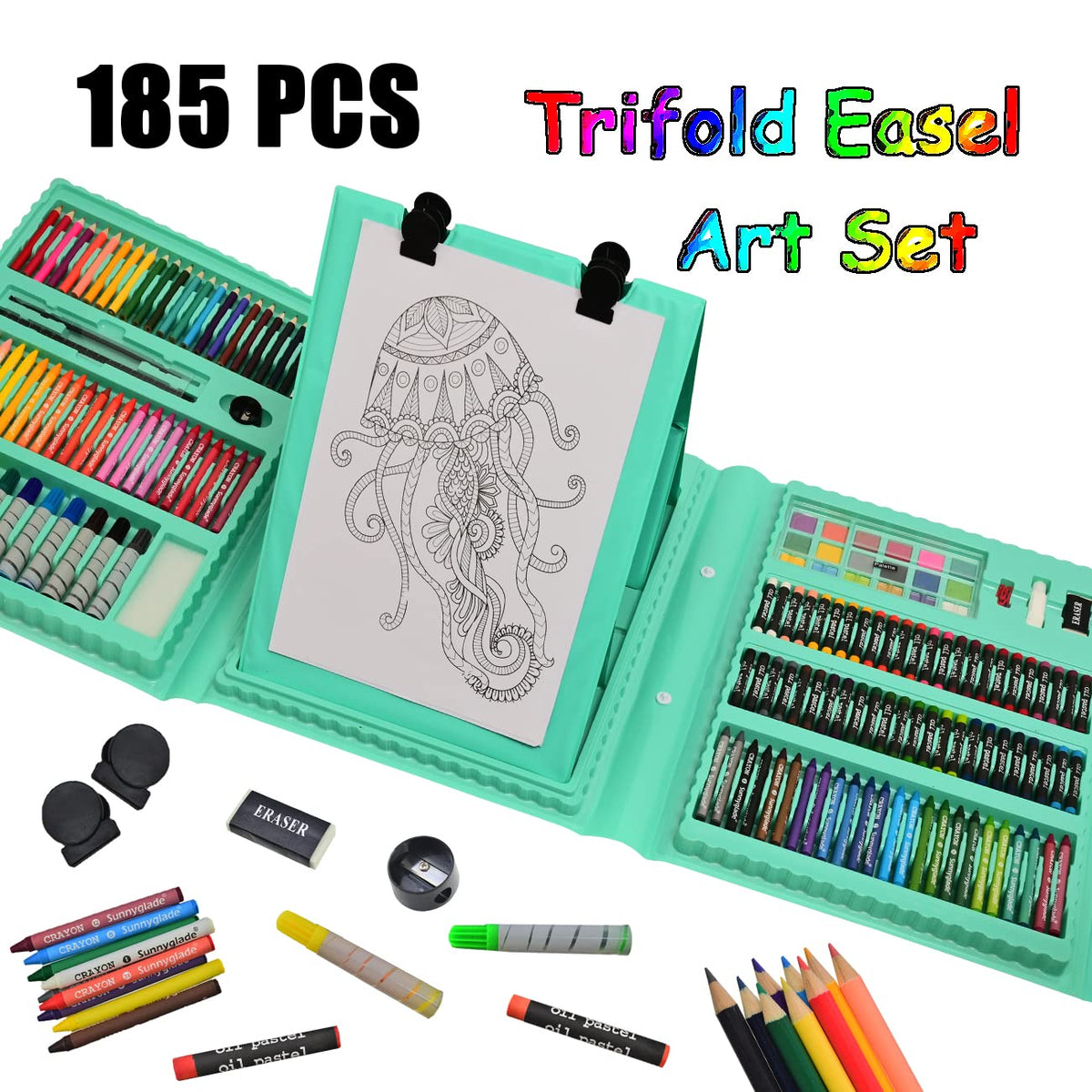 Sunnyglade 185 Pieces Double Sided Trifold Easel Art Set Art Supplies Green