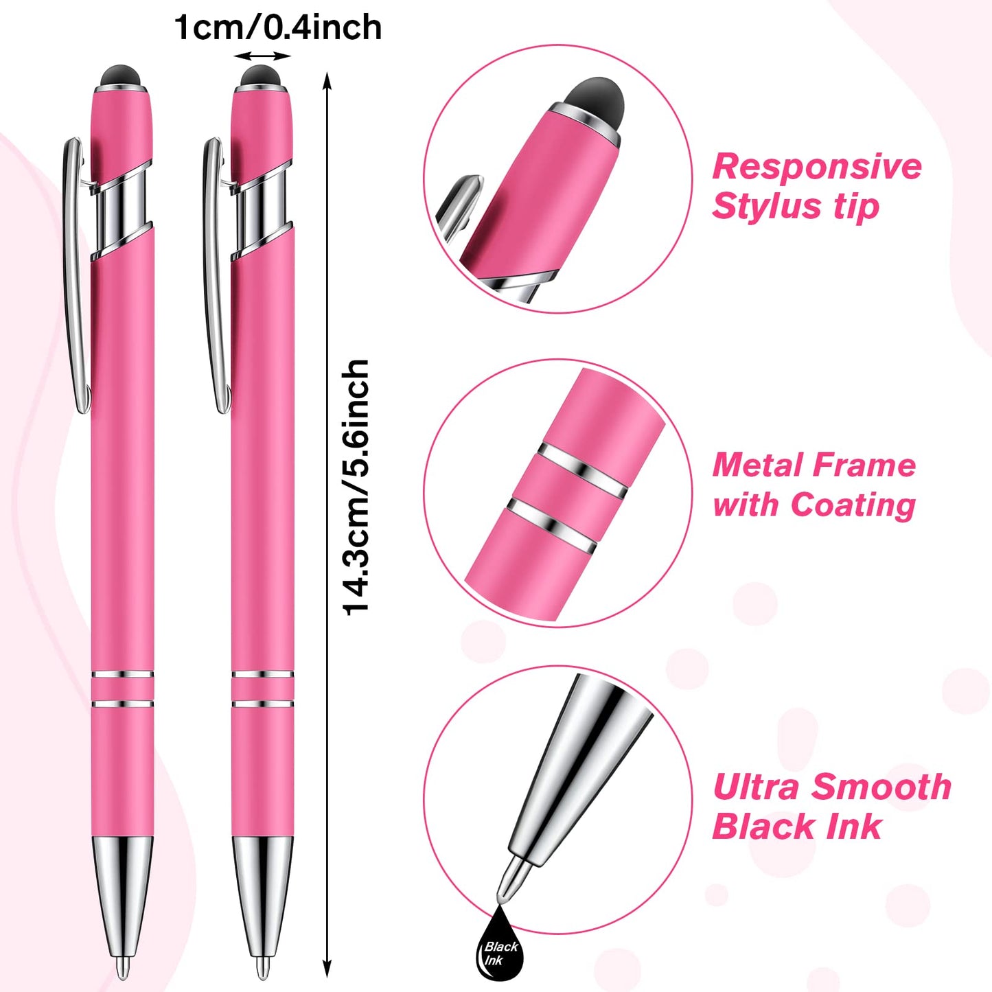 Zonon 38 Pcs Stylus Ballpoint Pens, Metal Rubberized Grip, Hot Pink