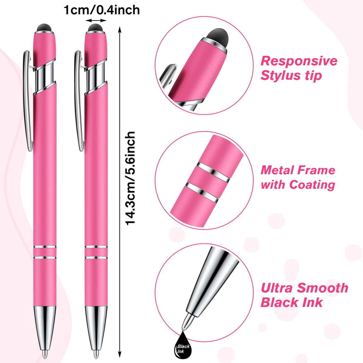 Zonon 38 Pcs Stylus Ballpoint Pens, Metal Rubberized Grip, Hot Pink