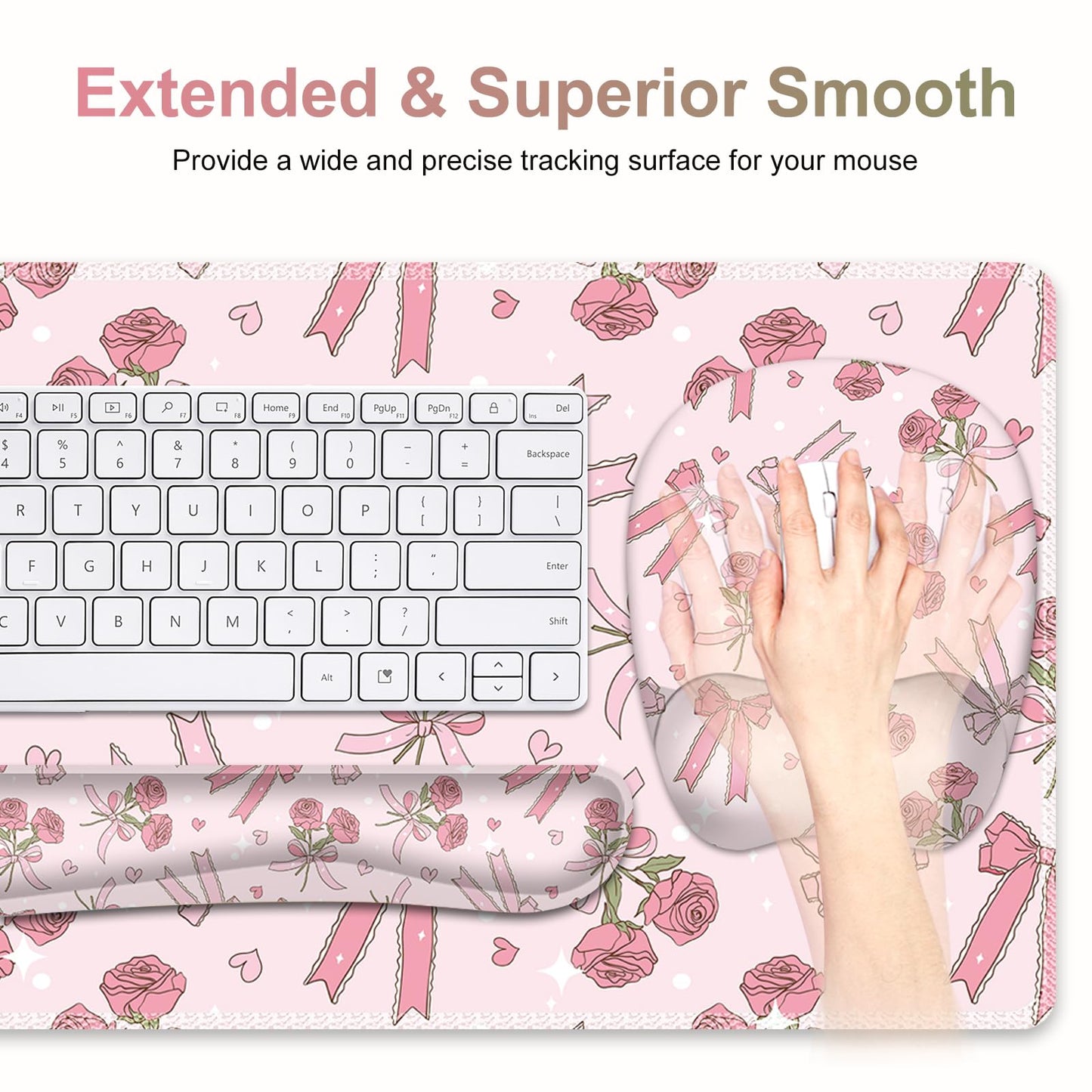 Pink Mouse Pad with Wrist Support 4 in1 Set, XXL Big Game Mousepad + Keyboard Wrist Rest + Mouse