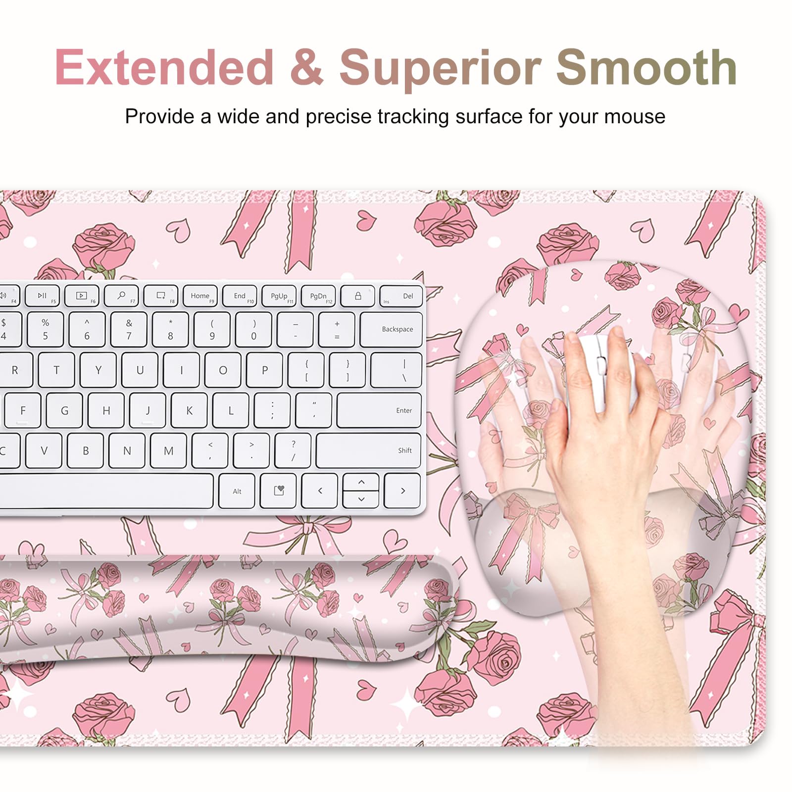 Pink Mouse Pad with Wrist Support 4 in1 Set, XXL Big Game Mousepad + Keyboard Wrist Rest + Mouse