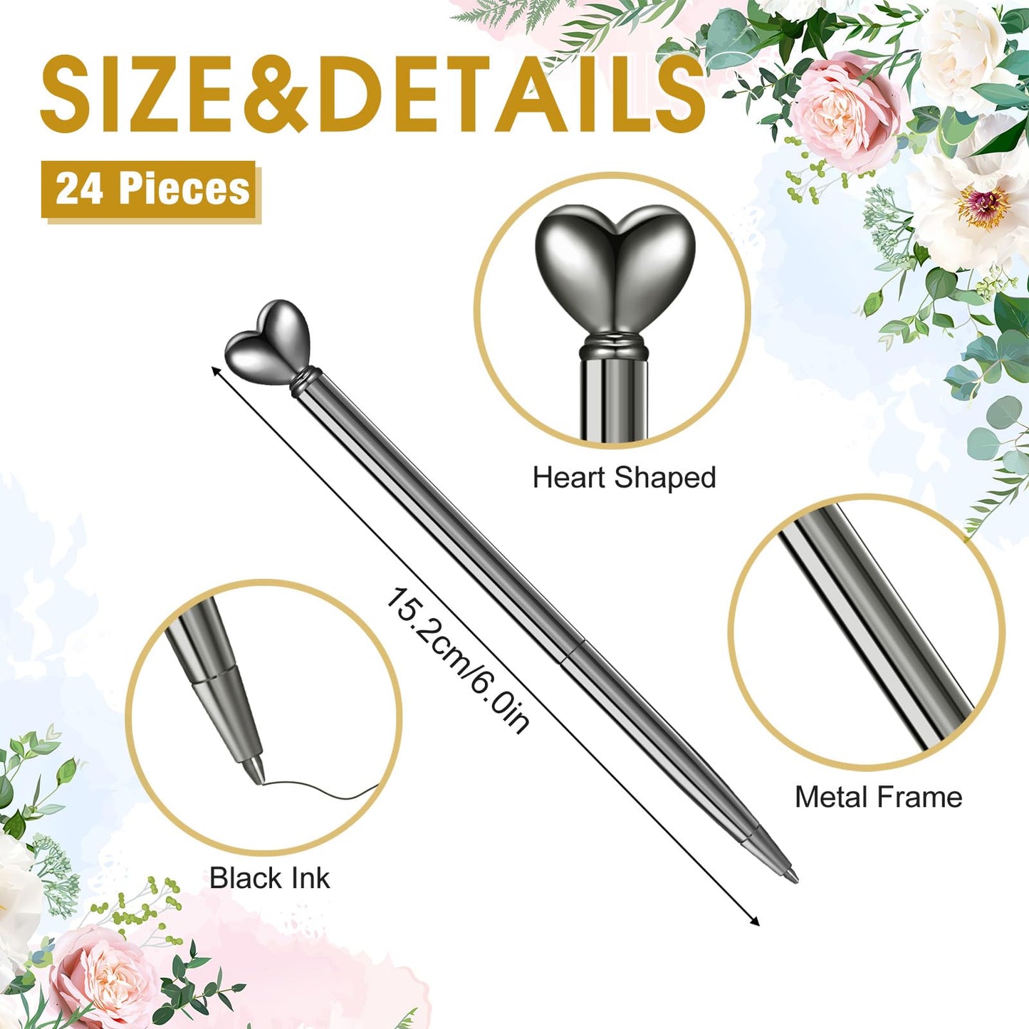 Thenshop Gray 24 Pcs Heart Shaped Pens Retractable Metal Cute Pens 1.0 mm Black Ink Ballpoint