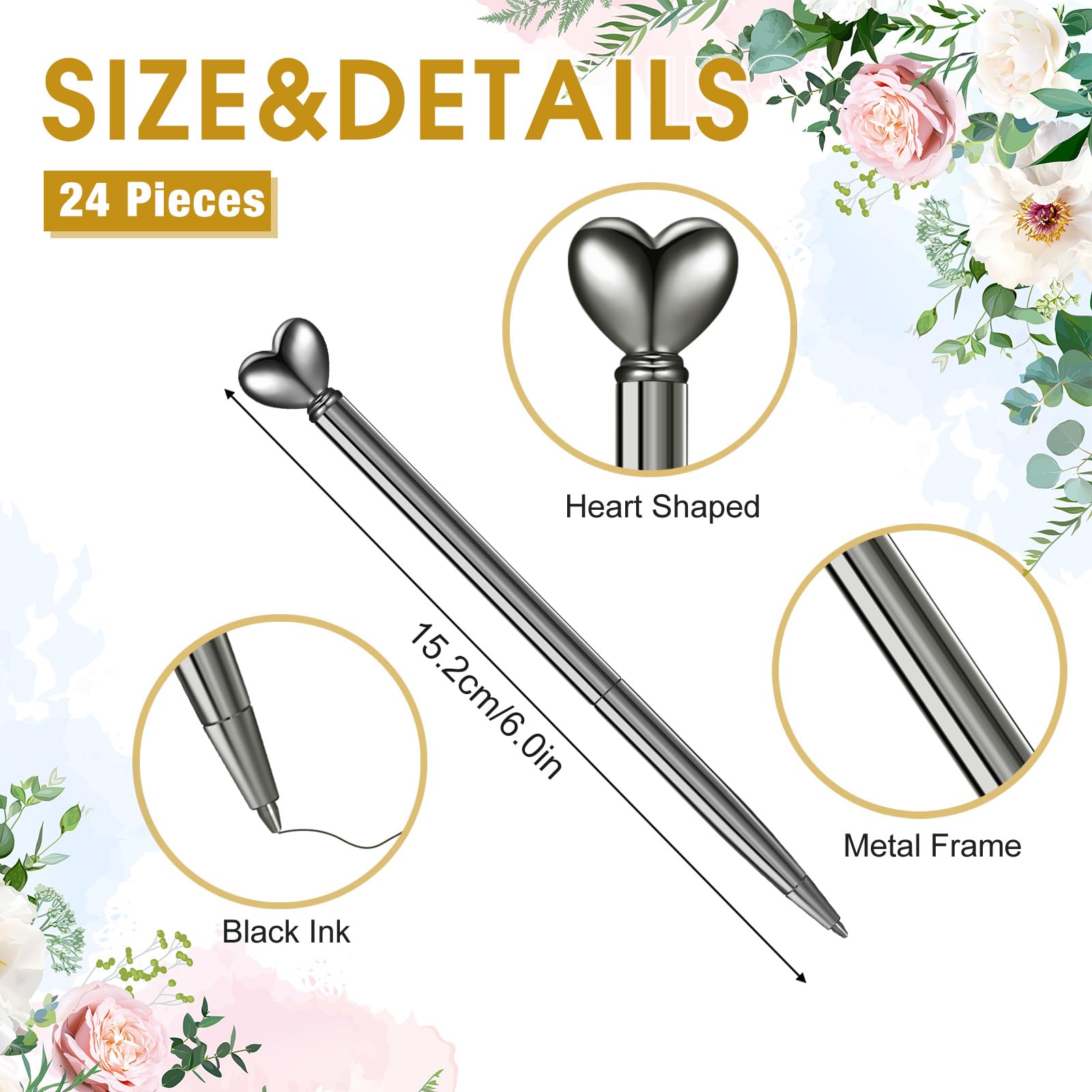 Thenshop Gray 24 Pcs Heart Shaped Pens Retractable Metal Cute Pens 1.0 mm Black Ink Ballpoint