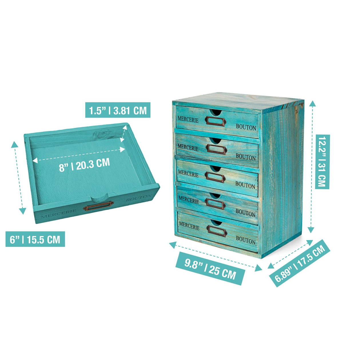 Turquoise 5-Tier Drawer Desktop Curio Cabinet - French Farmhouse Country Desk Organizer Box