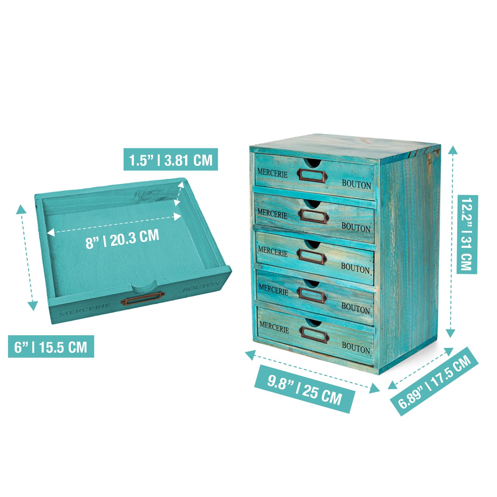Turquoise 5-Tier Drawer Desktop Curio Cabinet - French Farmhouse Country Desk Organizer Box