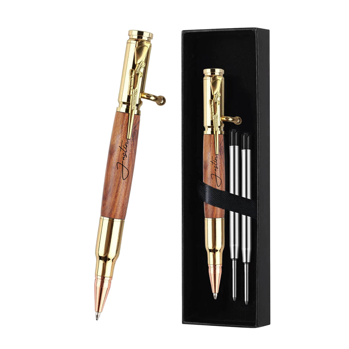 Personalized Bolt Action Pen, Free Engraved Wood Metal Ballpoint Pen with 2 Refills, Customized Pen