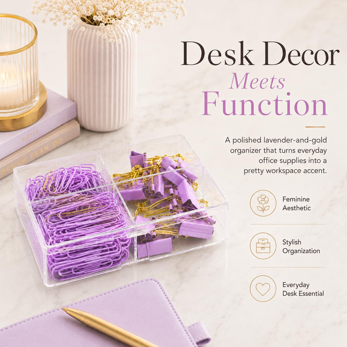 Creechwa Paper Clips and Binder Clips Set, Purple & Gold, Assorted Size Clips