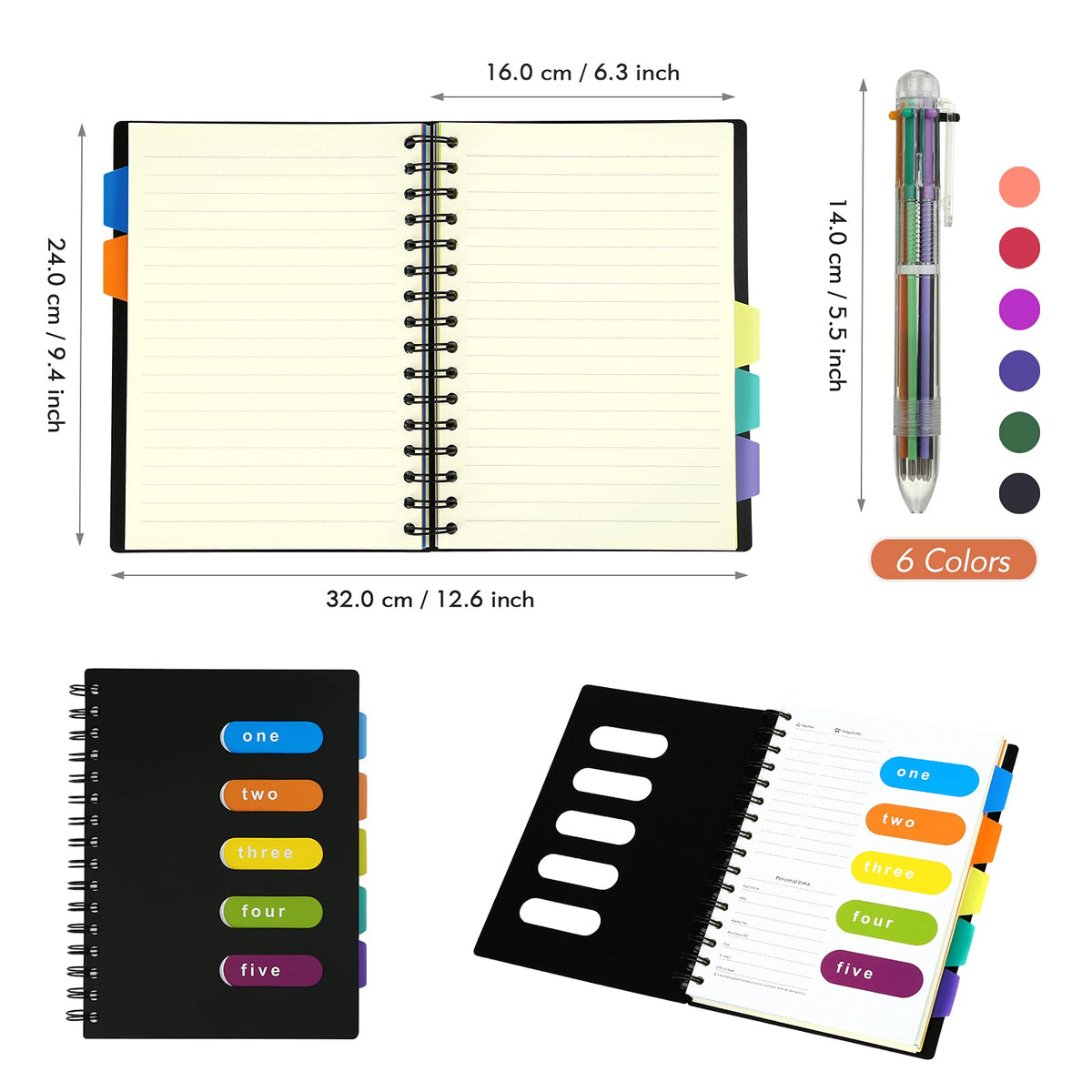 KESOTE Spiral Notebook with Divider Tabs, Professional Notebooks for Work School, Wide Ruled 5