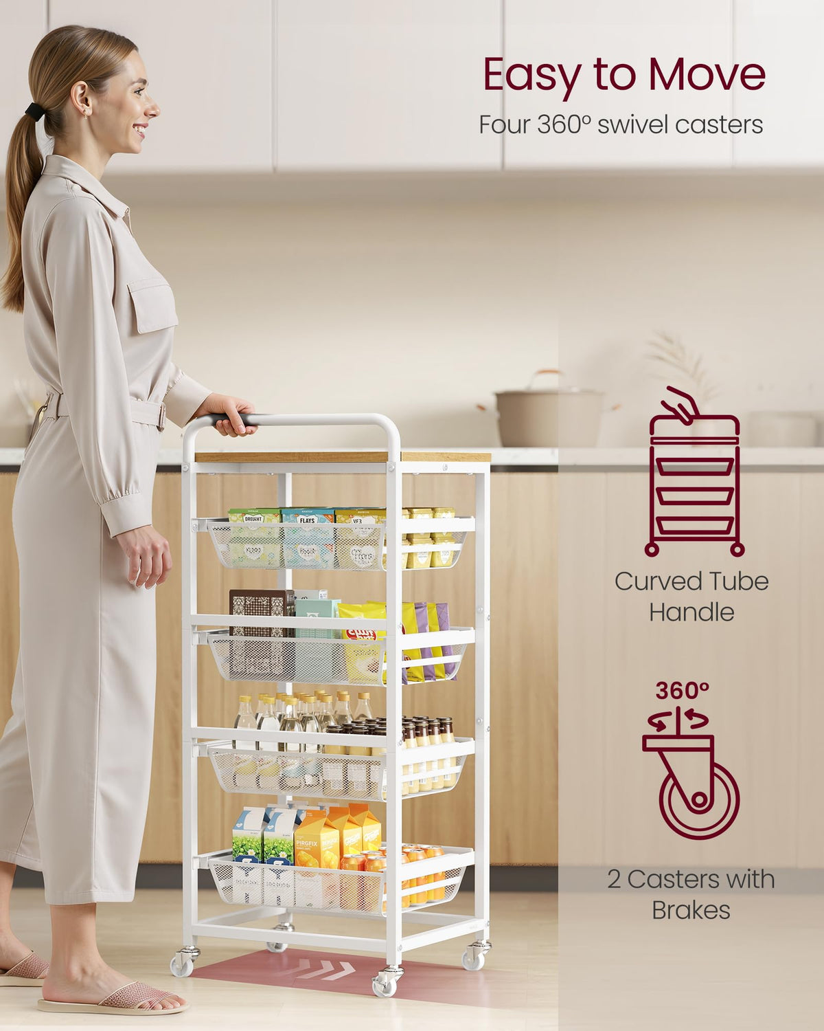 VASAGLE 5-Tier Storage Rolling Cart Organizer with Pull-Out Baskets