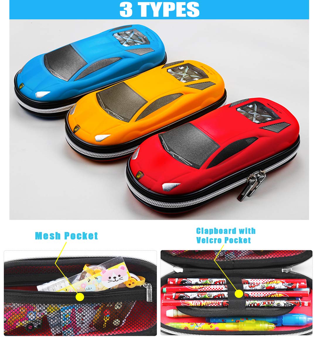 Surpop Supercar Pencil Case, EVA Hard Shell for Kids and Teens, Blue